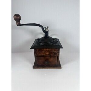 Antique Coffee Grinder Mill Dovetail Wood‎ Cast Iron Square Drawer Primitive